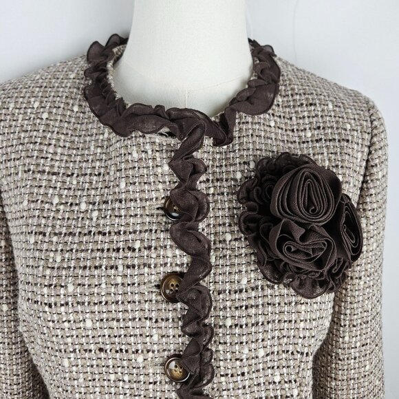 Anne Klein Tweed Blazer Jacket Size 8 Petite Brown Lace Trim Professional Office - Picture 3 of 13